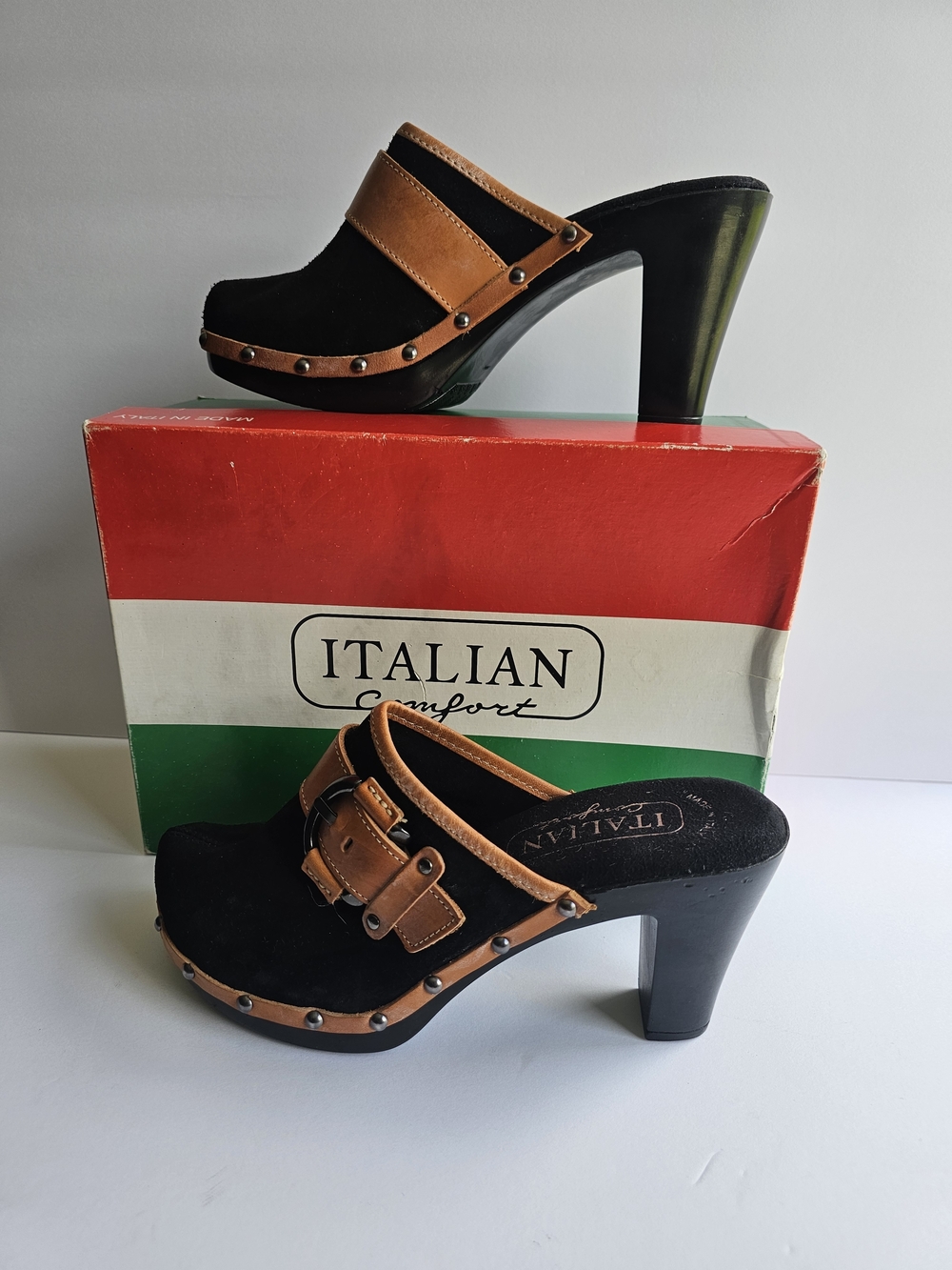 Black Suede & Brown Leather Clog Heels